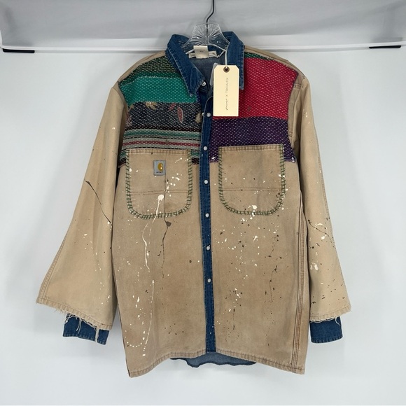 Tricia Fix x Carhartt Tan Denim Canvas Embroidered Upcycled Boho Jacket XS/S NWT - Picture 2 of 9